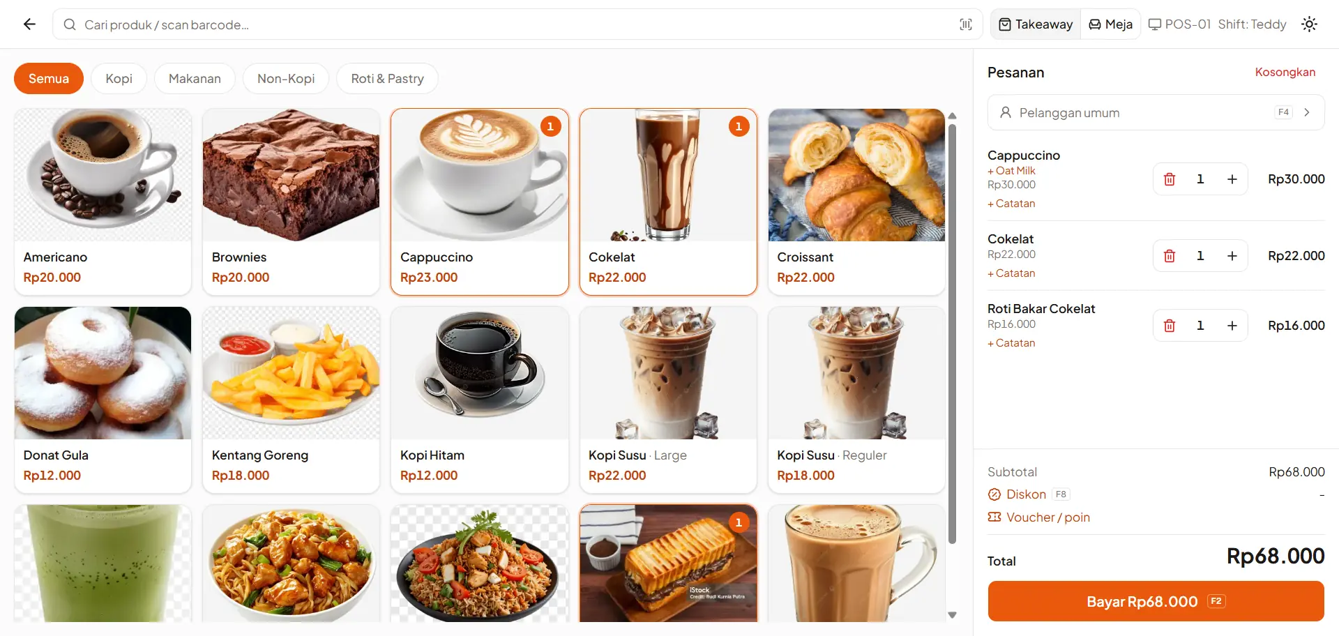Aplikasi kasir cafe R3G Software POS di desktop: daftar menu kopi dan makanan di kiri, keranjang pesanan di kanan