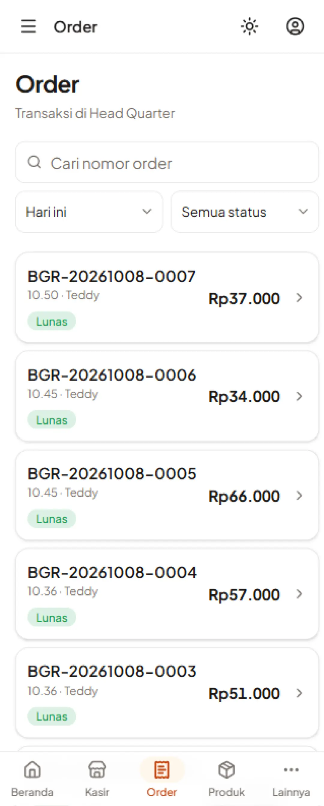 Riwayat order di aplikasi kasir R3G Software POS versi HP